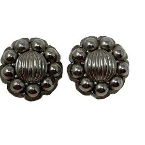 Vintage Clip On Earrings Silver Tone Flower Button Rigged Center